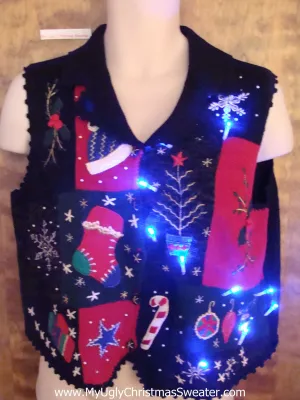 Awful Patchwork Cheesy Light Up Ugly Xmas Sweater Vest