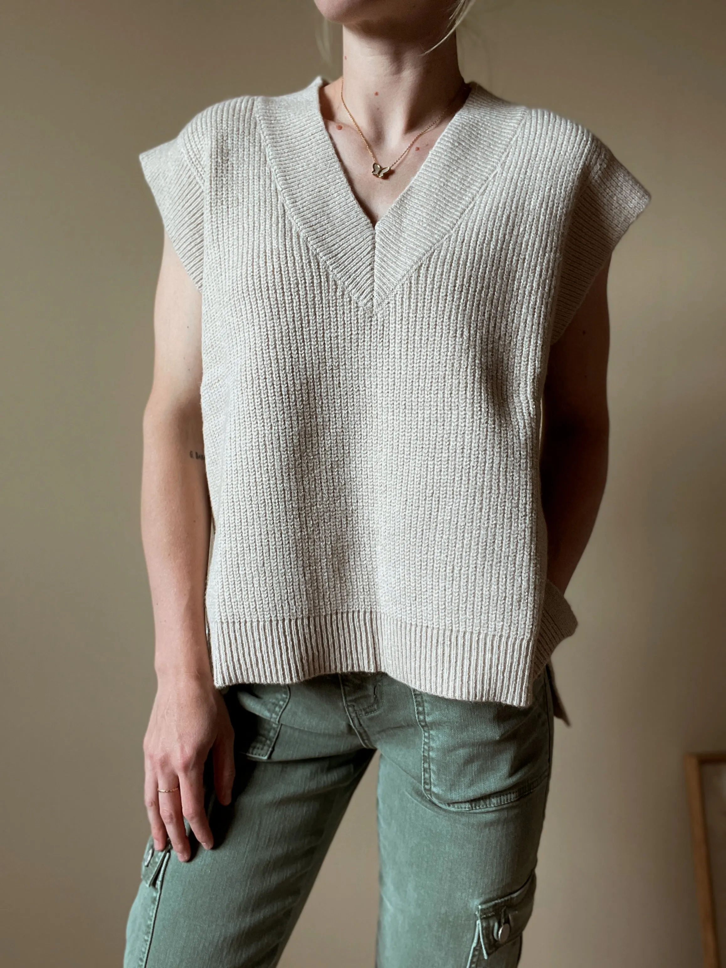 Beige V-Neck Sweater Vest