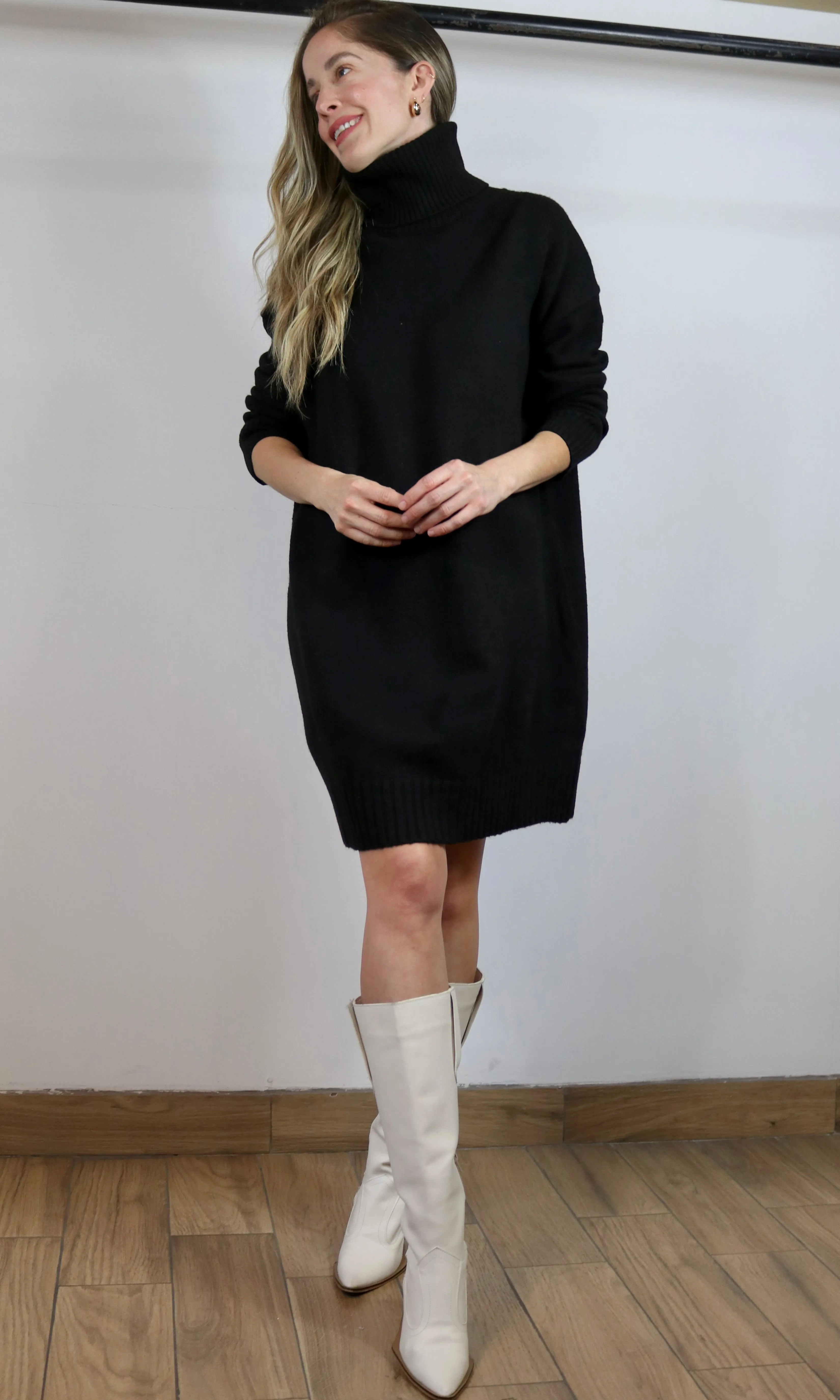 Black Turtleneck Loose Fit Knit Sweater Dress