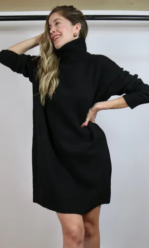 Black Turtleneck Loose Fit Knit Sweater Dress