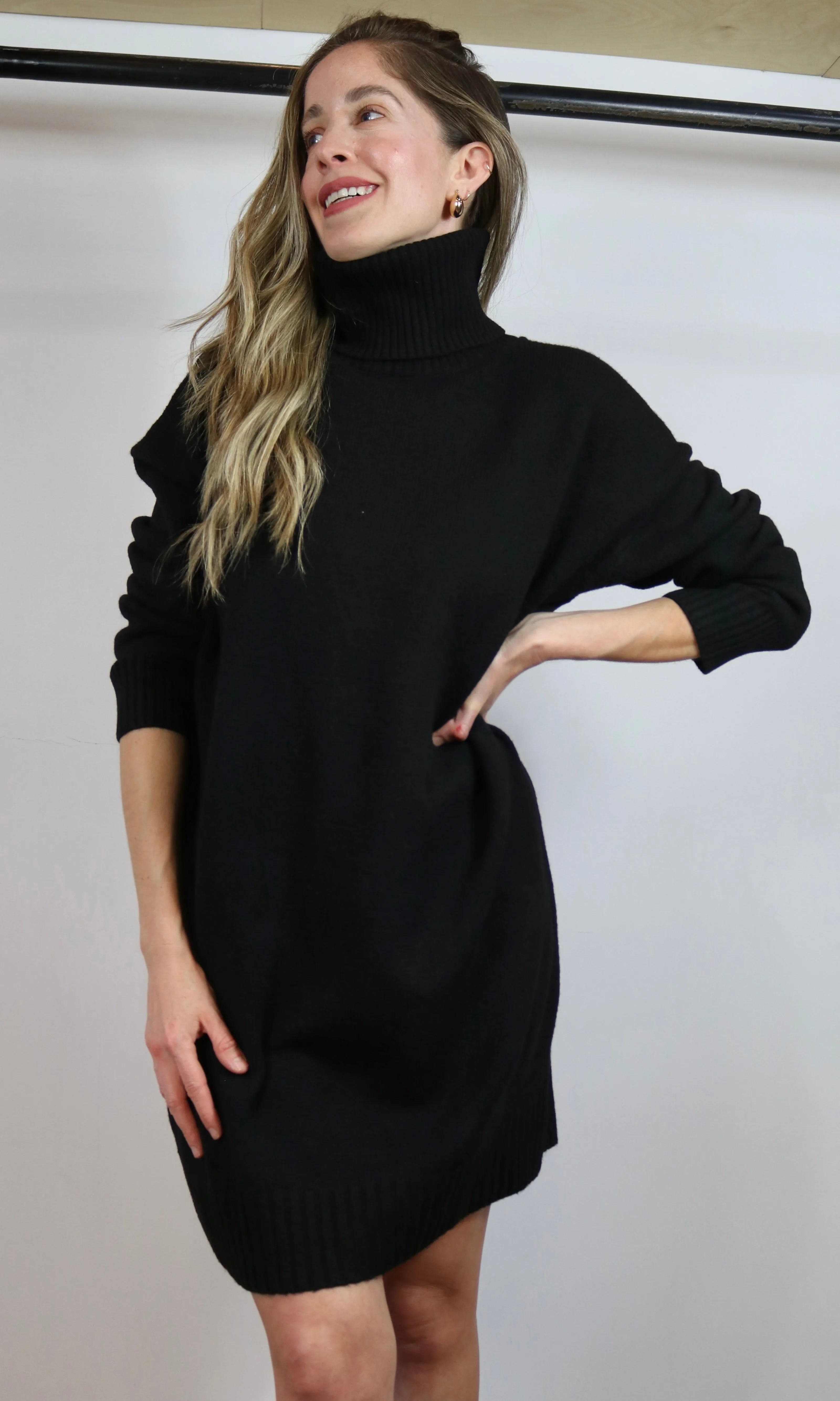 Black Turtleneck Loose Fit Knit Sweater Dress