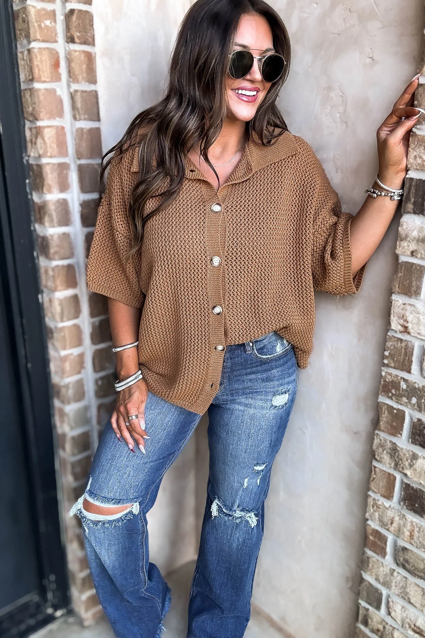 Camel Button Up Sweater Top