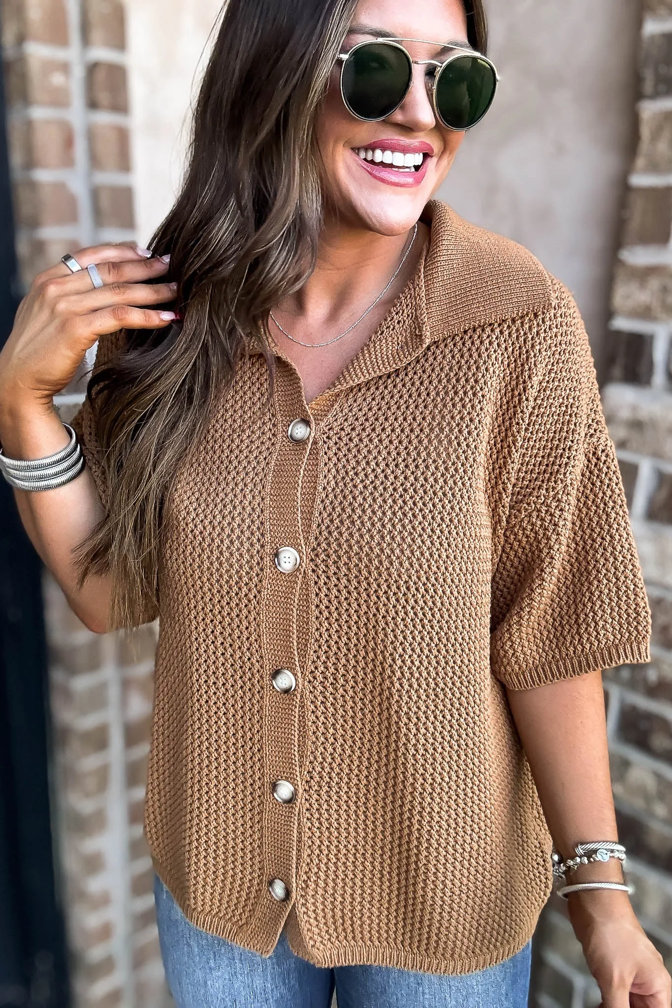 Camel Button Up Sweater Top