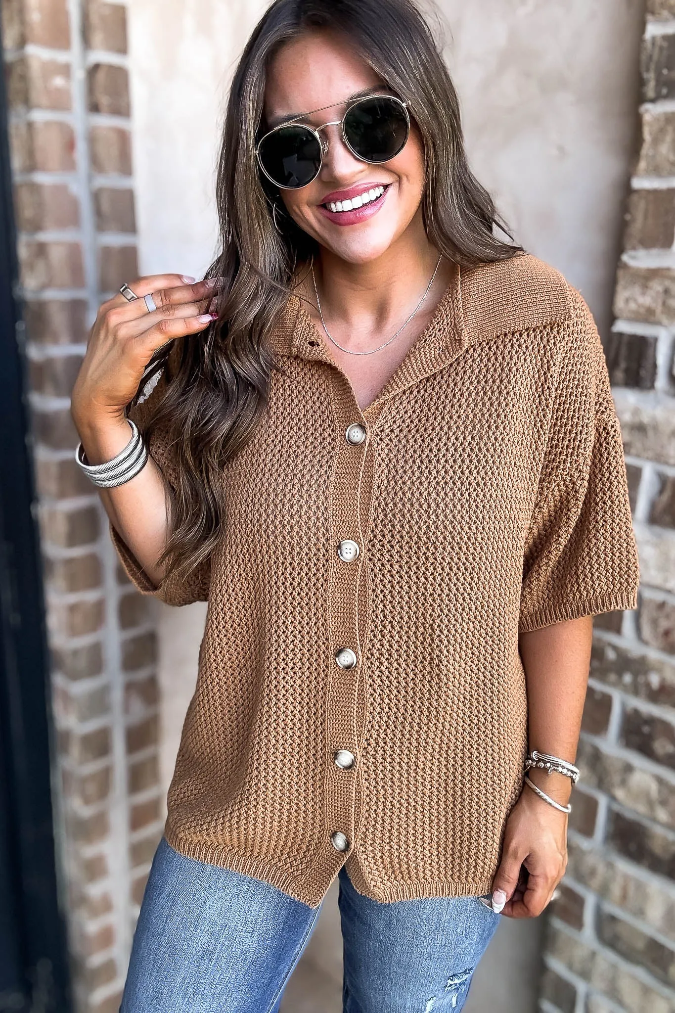 Camel Button Up Sweater Top