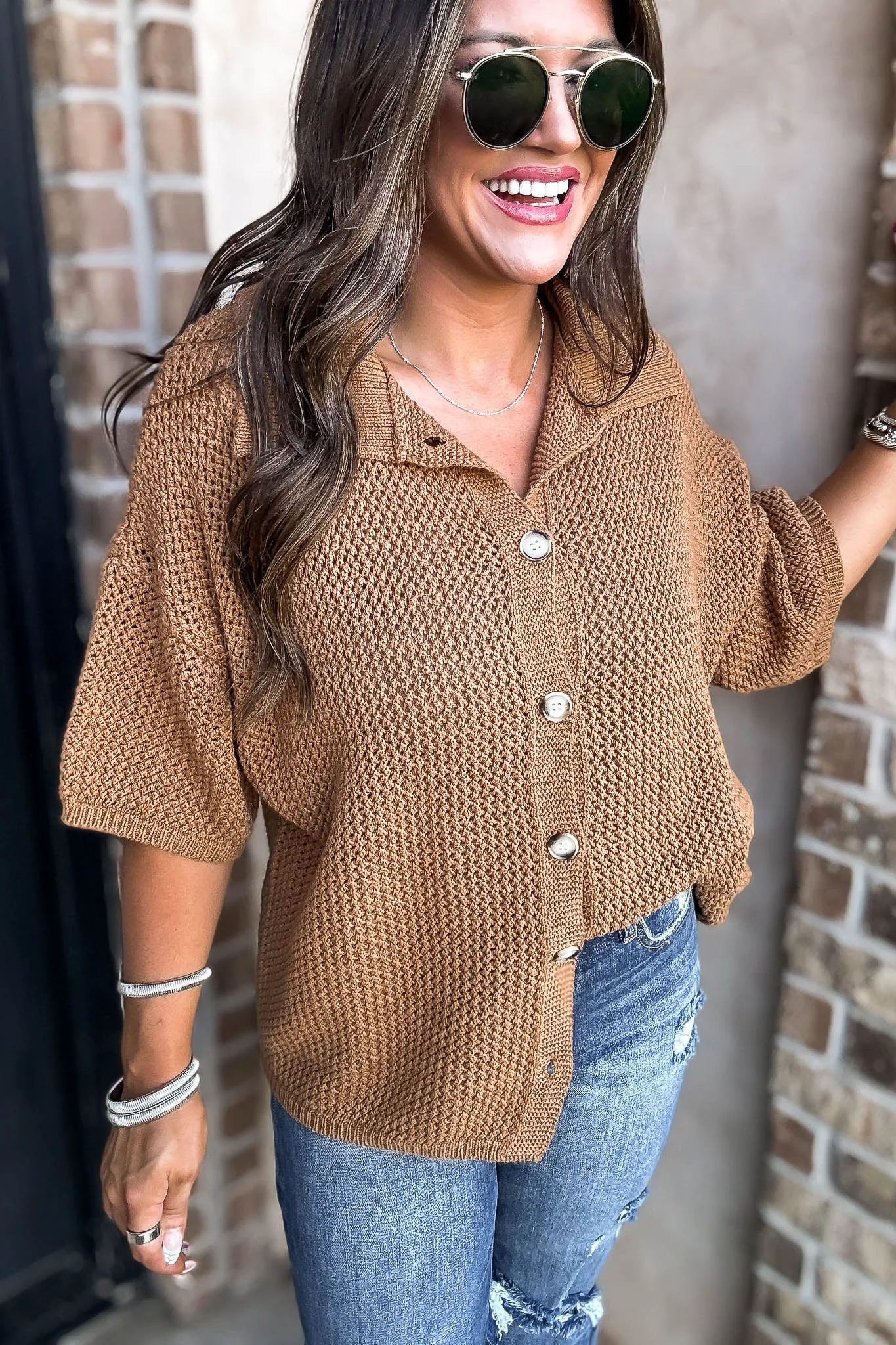 Camel Button Up Sweater Top