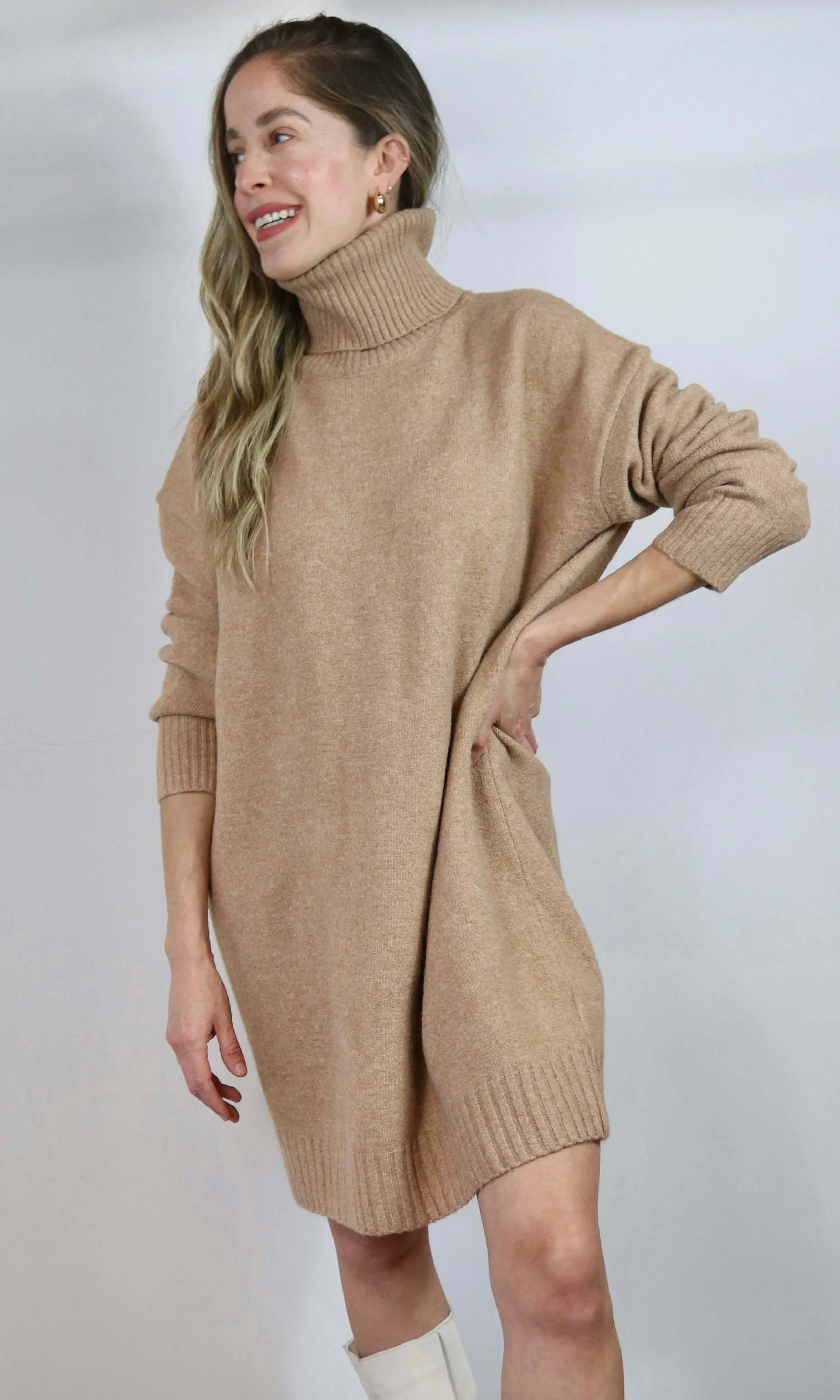 Camel Turtleneck Loose Fit Knit Sweater Dress