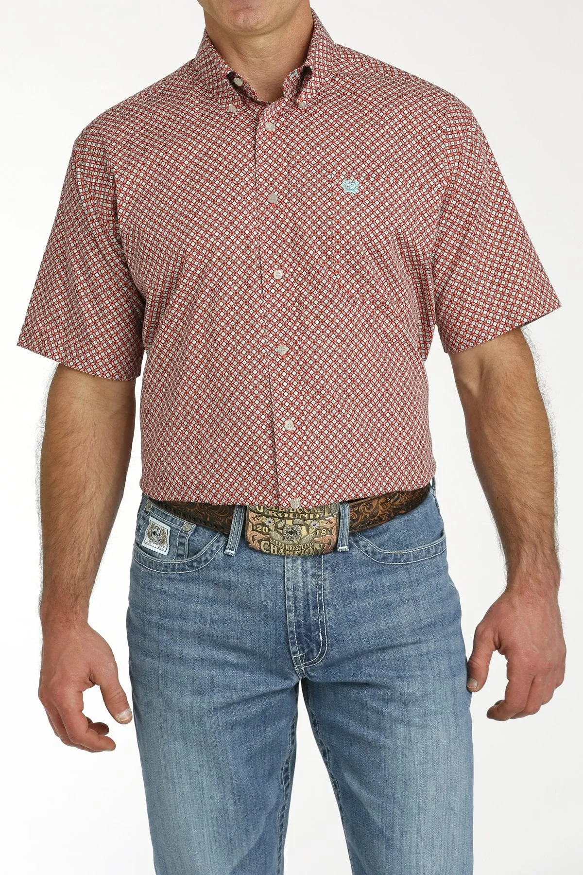 Cinch Men's Red/Turquoise Geometric Short Sleeve