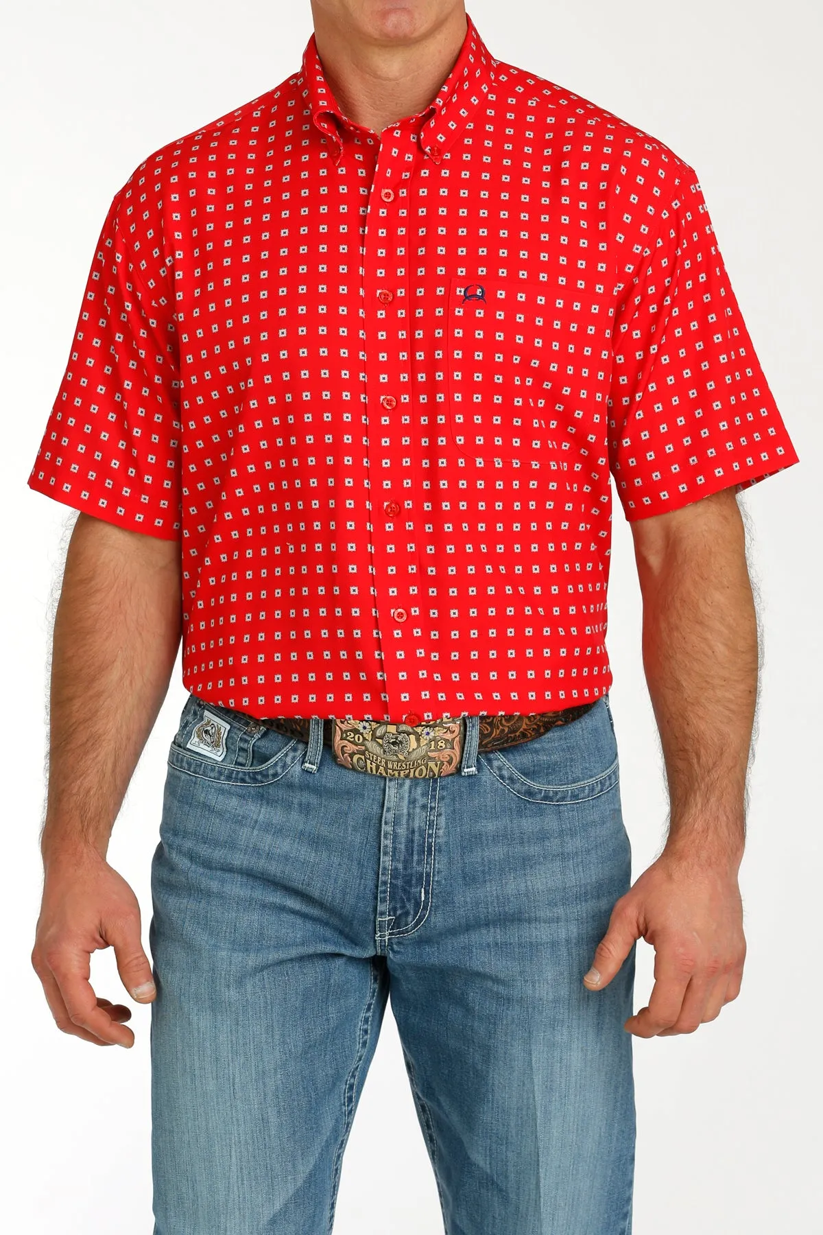 Cinch Men's S/S Arenaflex Geometric Square Western Button Down Shirt in Red