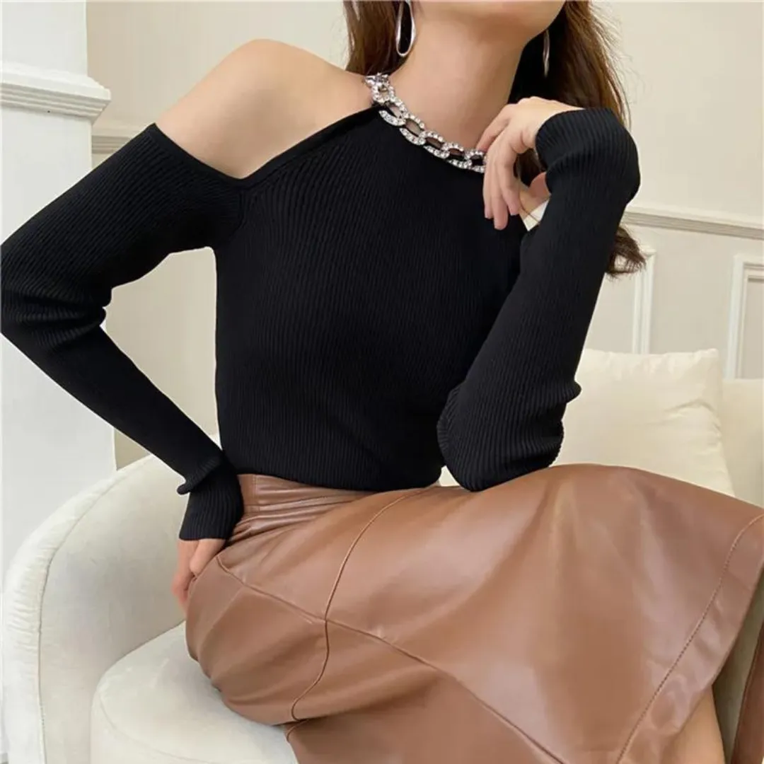 Cold Shoulder Necklace Embellished Sweater