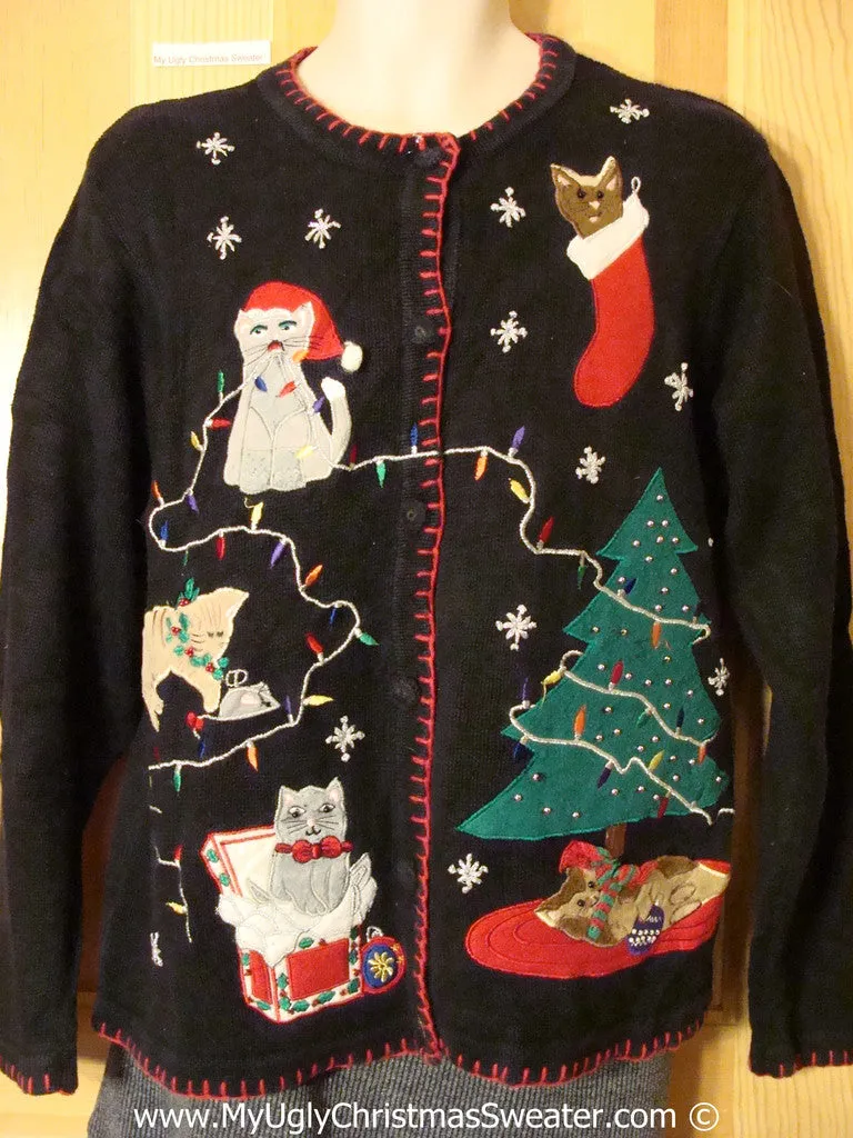 Crazy Cat Lady Tacky Cheesy Holiday Sweater with Five Festive Cats and Decorations (f1105)