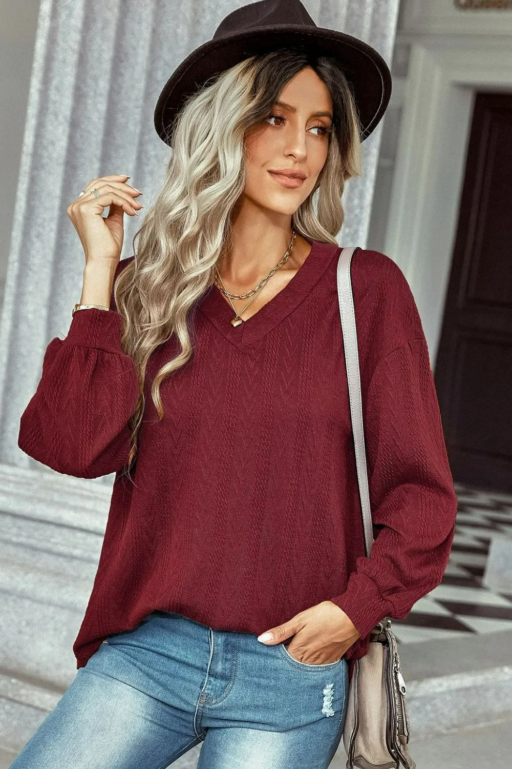 Dropped Shoulder Cable-Knit Top