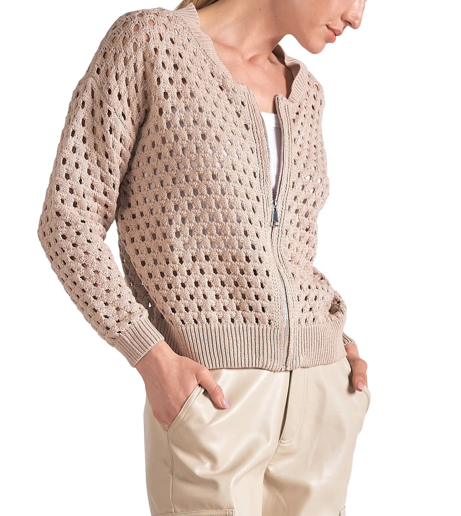 Elan Zip Up Cut Out Cardigan