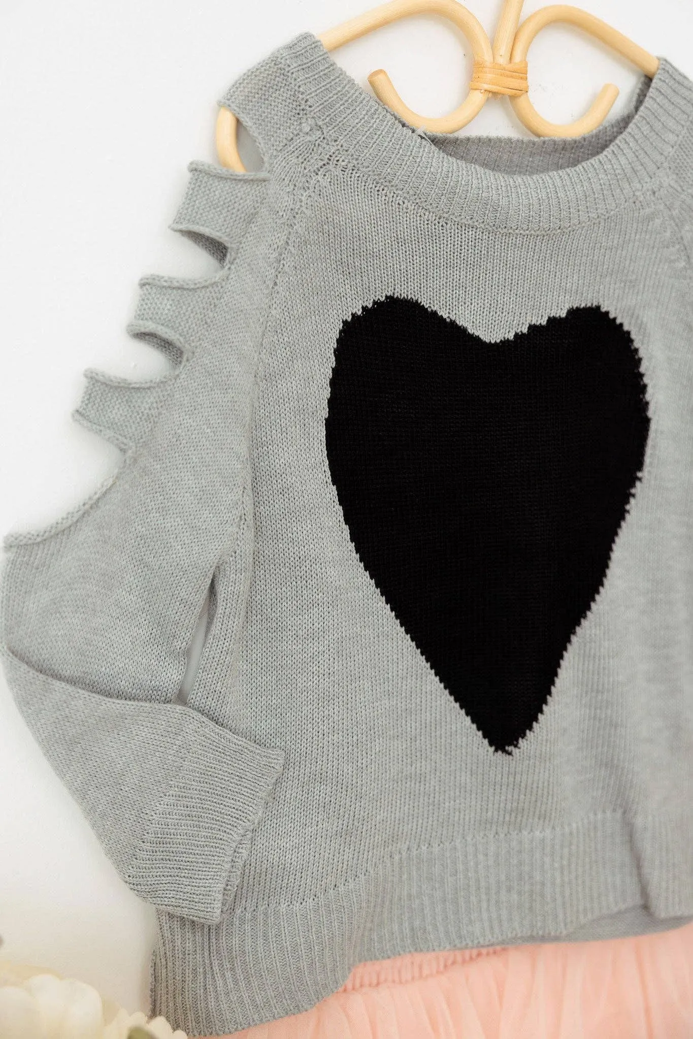 Girls Heart Print Cut-Out Sleeve Sweater