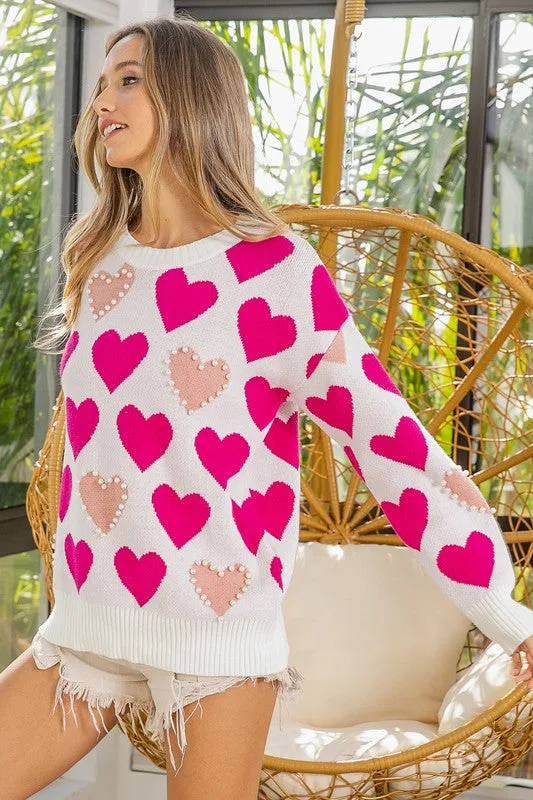 Heart Pattern Pearl Detail Knit Sweater