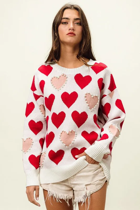 Heart Pattern Pearl Detail Knit Sweater