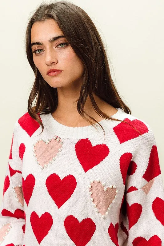 Heart Pattern Pearl Detail Knit Sweater