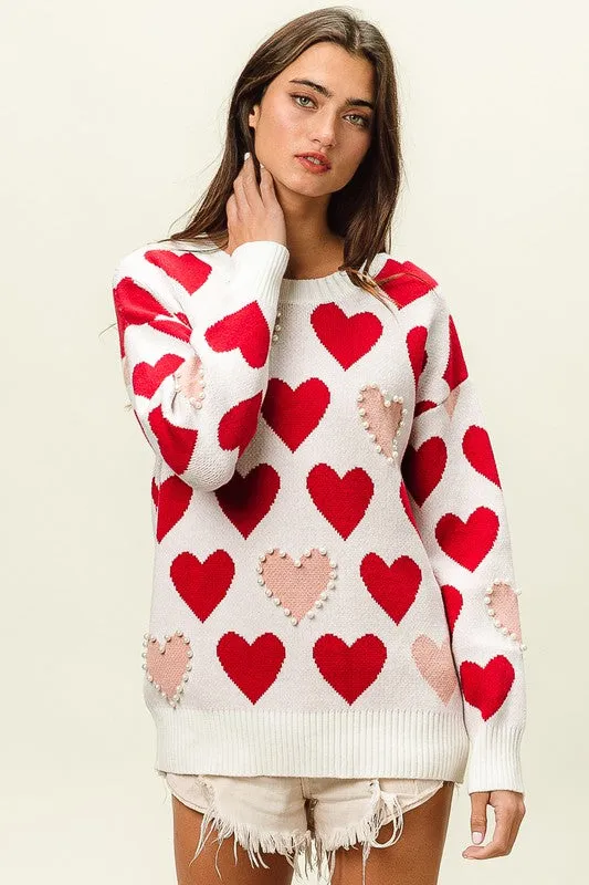 Heart Pattern Pearl Detail Knit Sweater