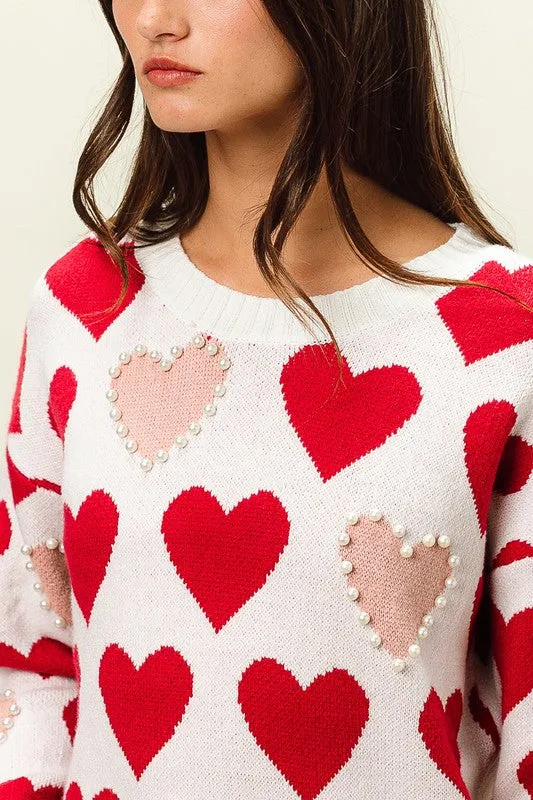 Heart Pattern Pearl Detail Knit Sweater