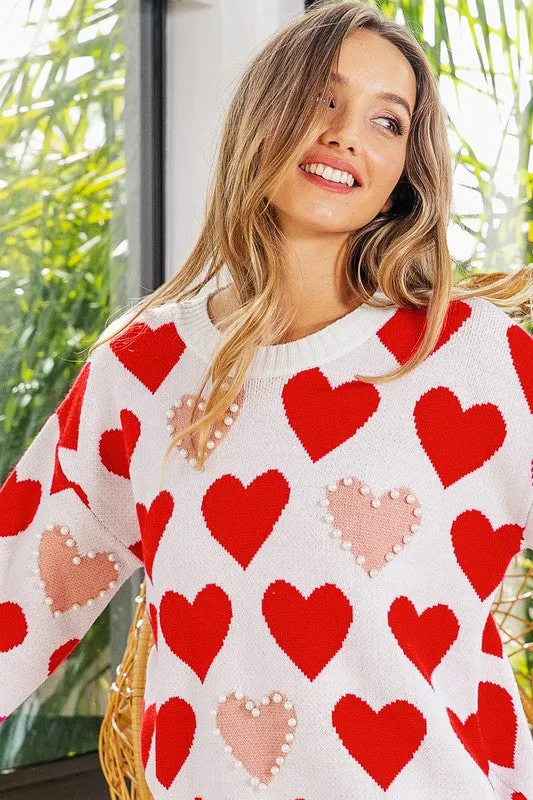 Heart Pattern Pearl Detail Knit Sweater