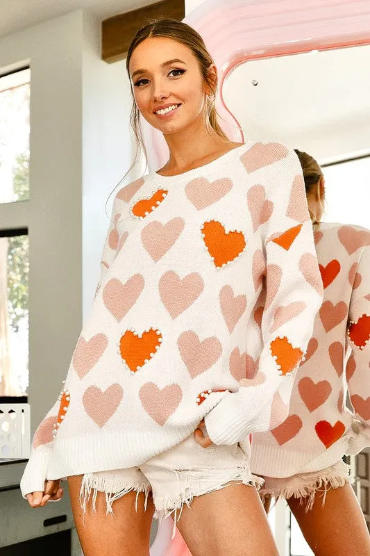 Heart Pattern Pearl Detail Knit Sweater