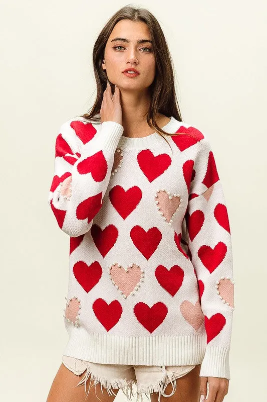 Heart Pattern Pearl Detail Knit Sweater