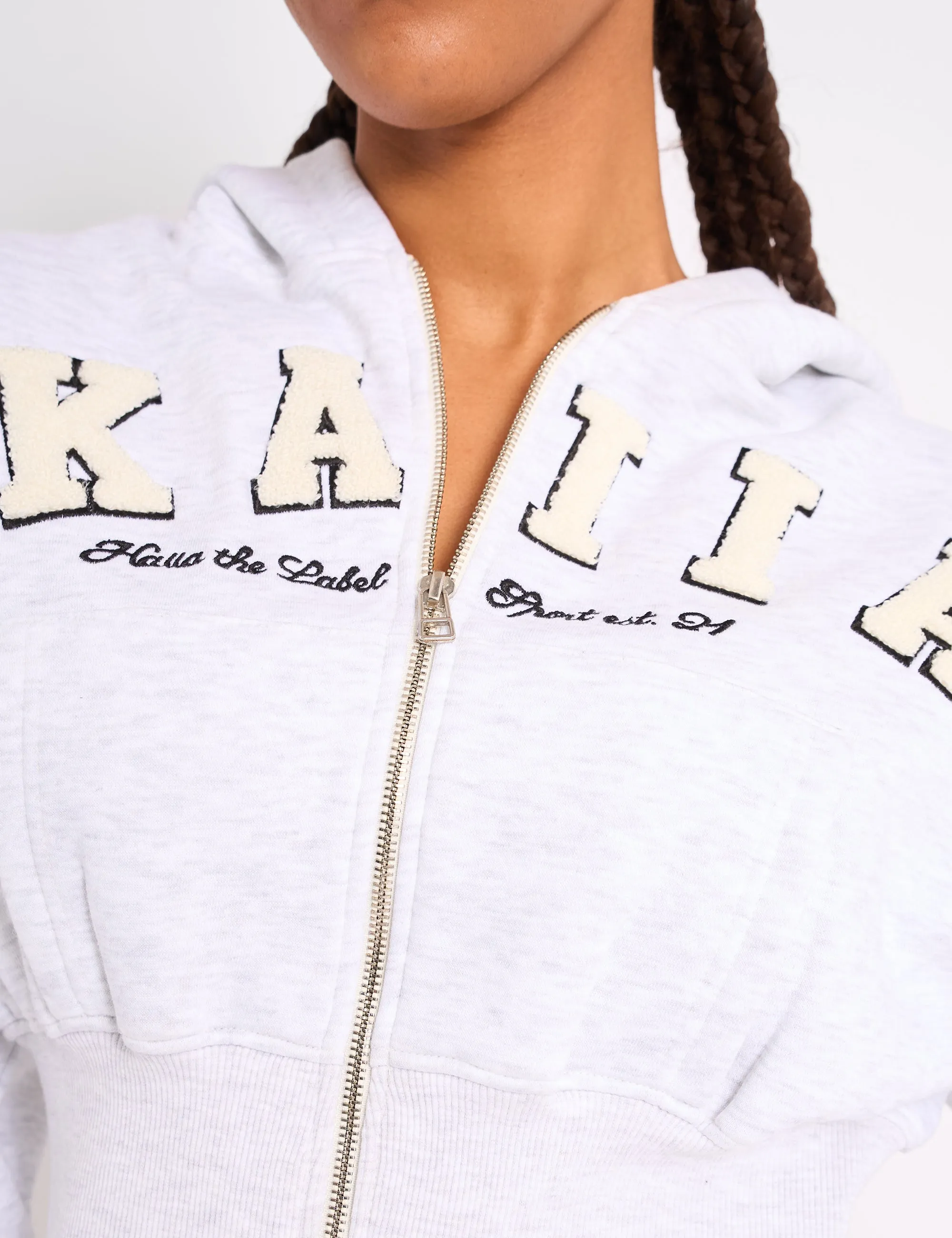 Kaiia Slogan Cropped Zip Up Hoodie Light Grey Marl & White