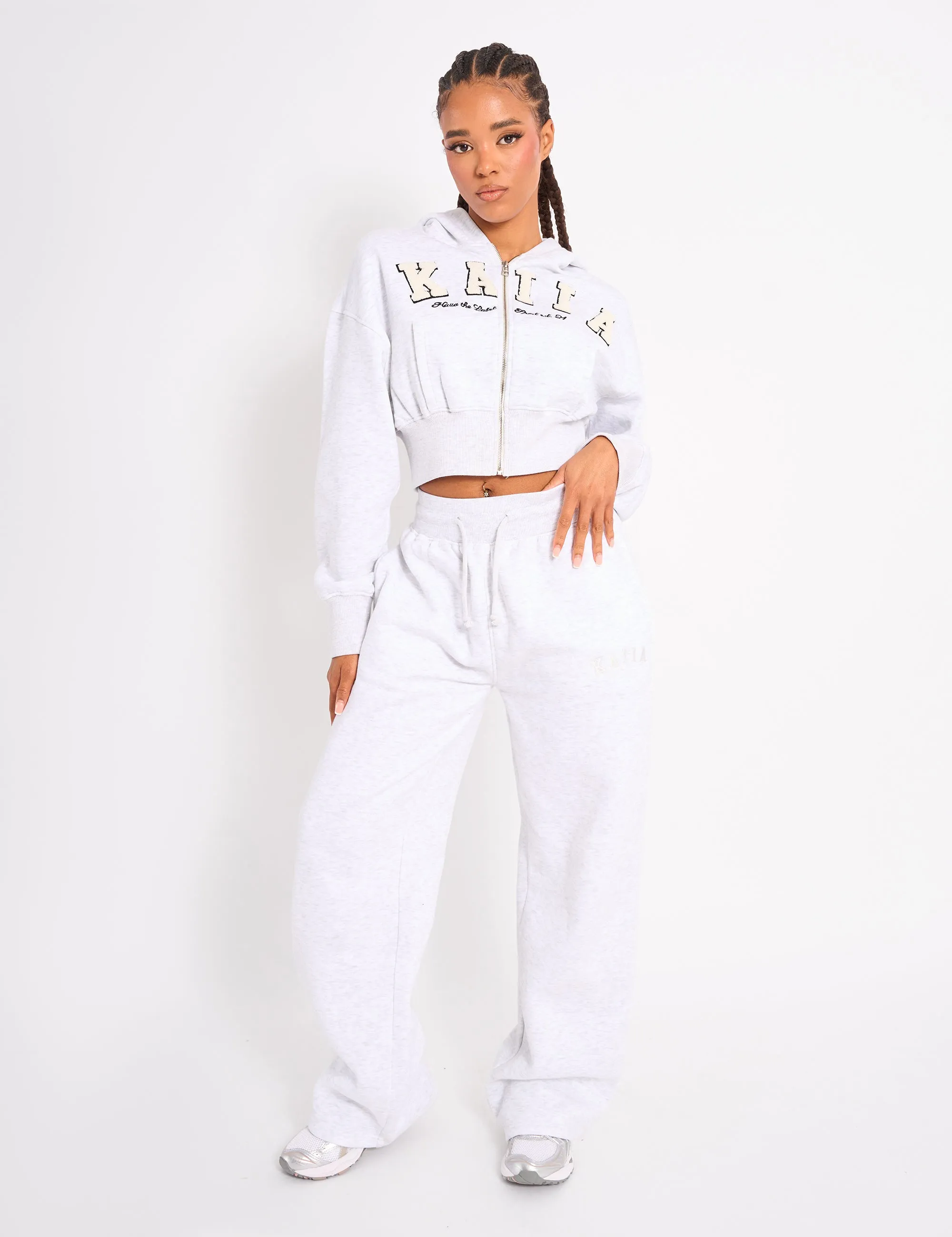 Kaiia Slogan Cropped Zip Up Hoodie Light Grey Marl & White