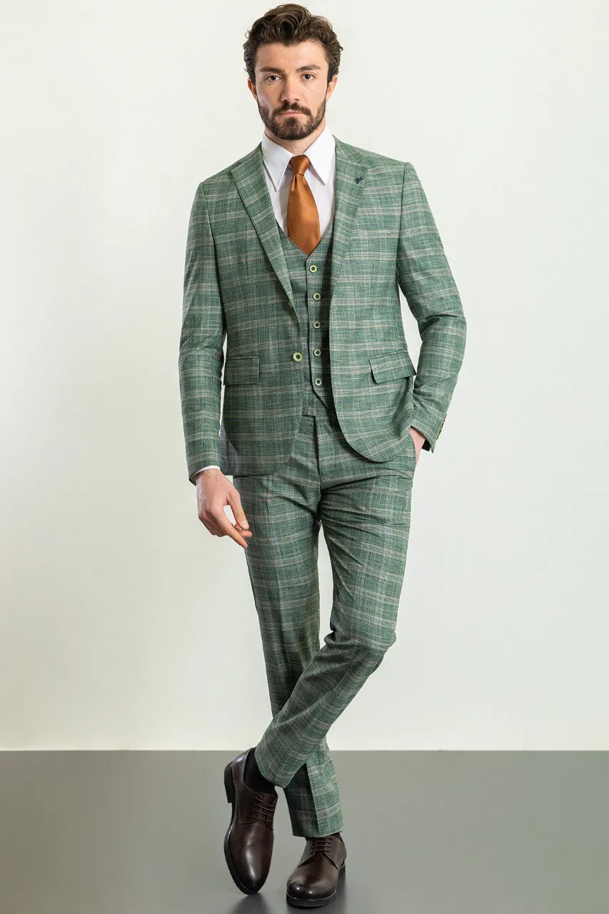 Light Green Slim Fit Notch Lapel 3 Piece Plaid Suit | GentWith