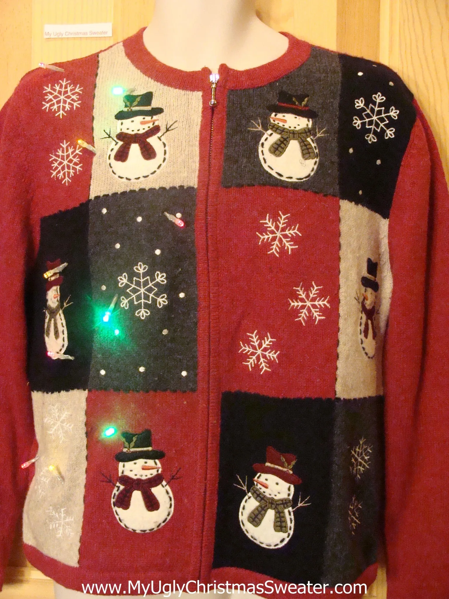 Light Up Red Ugly Xmas Sweater with Snowmen and Snowflakes Zip Front