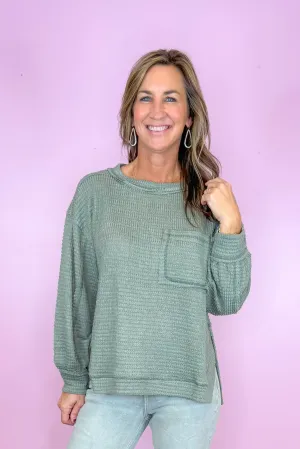 Live For The Weekend Olive Waffle Knit Long Sleeve Sweater Top