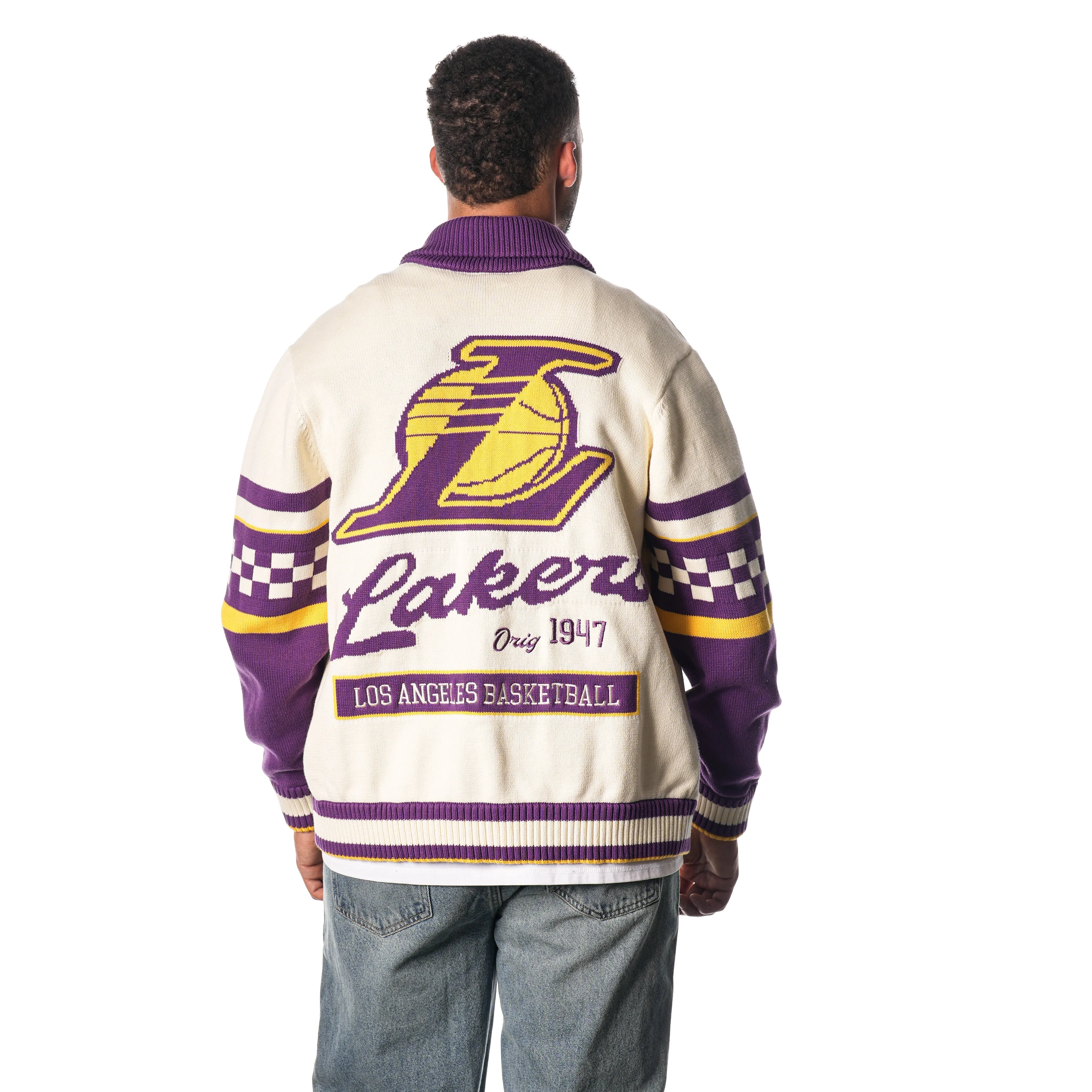 LOS ANGELES LAKERS JACQUARD BUTTON UP SWEATER - CREAM