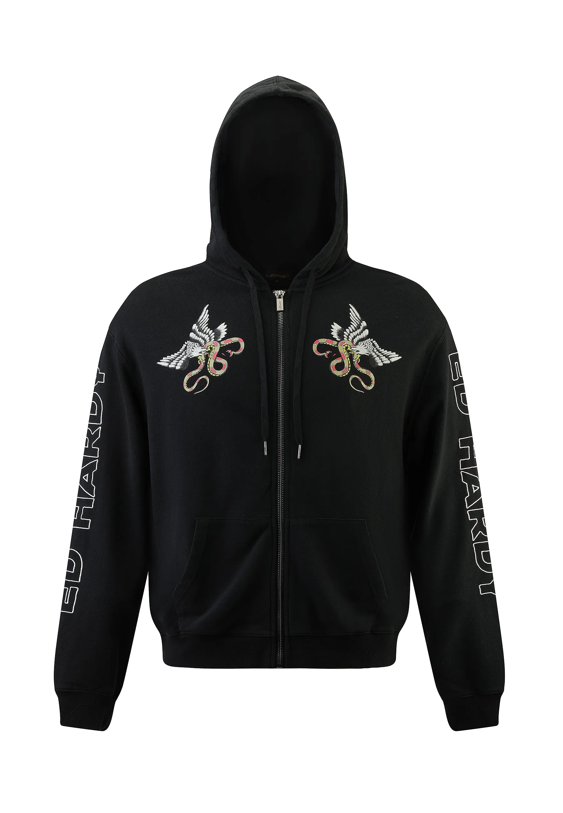 Mens Bamboo Snake And Eagle Battle Zip Thru Hoodie - Black