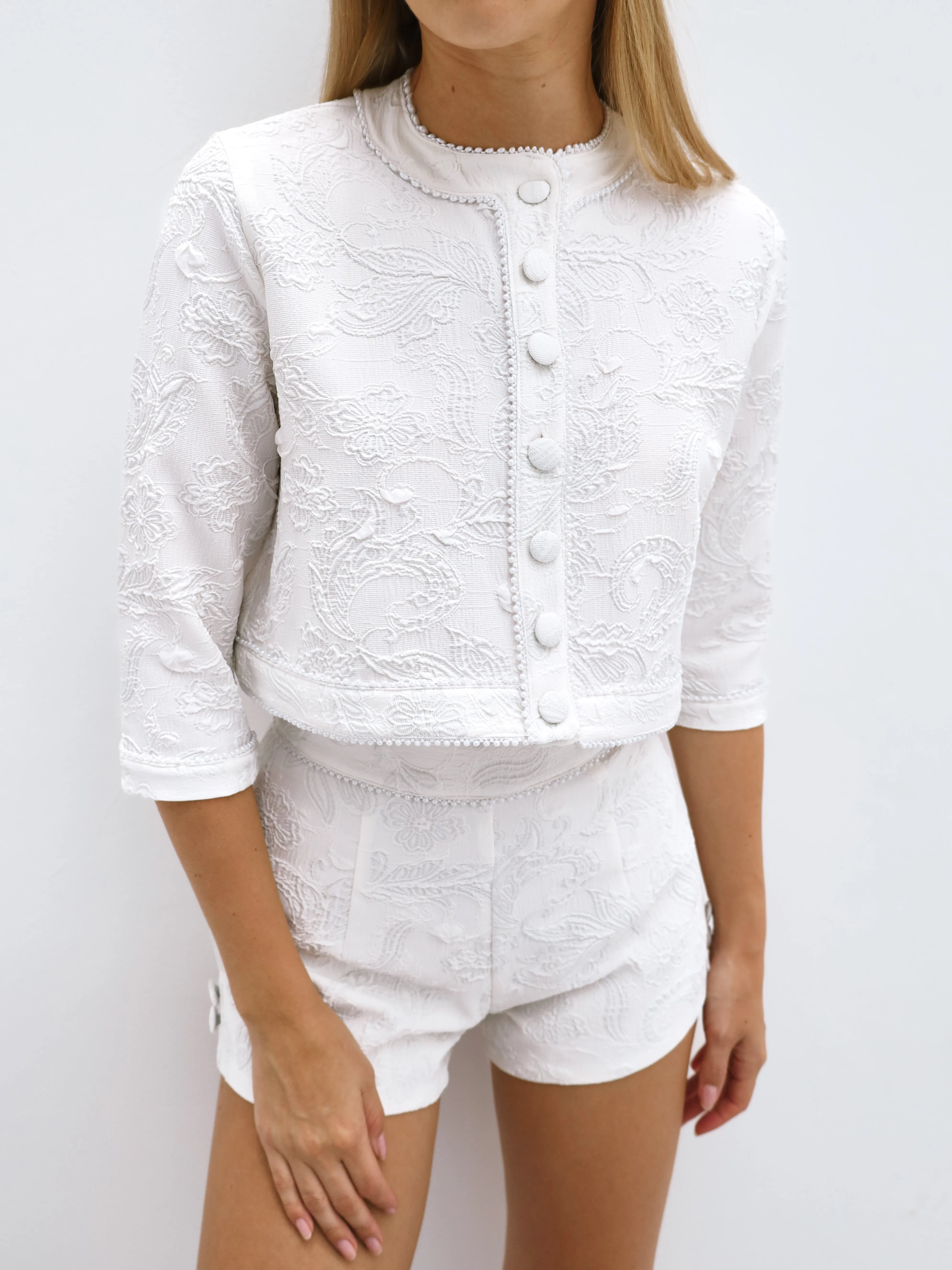 Odea Jacquard Cardigan With Pearl Trim | White Ice