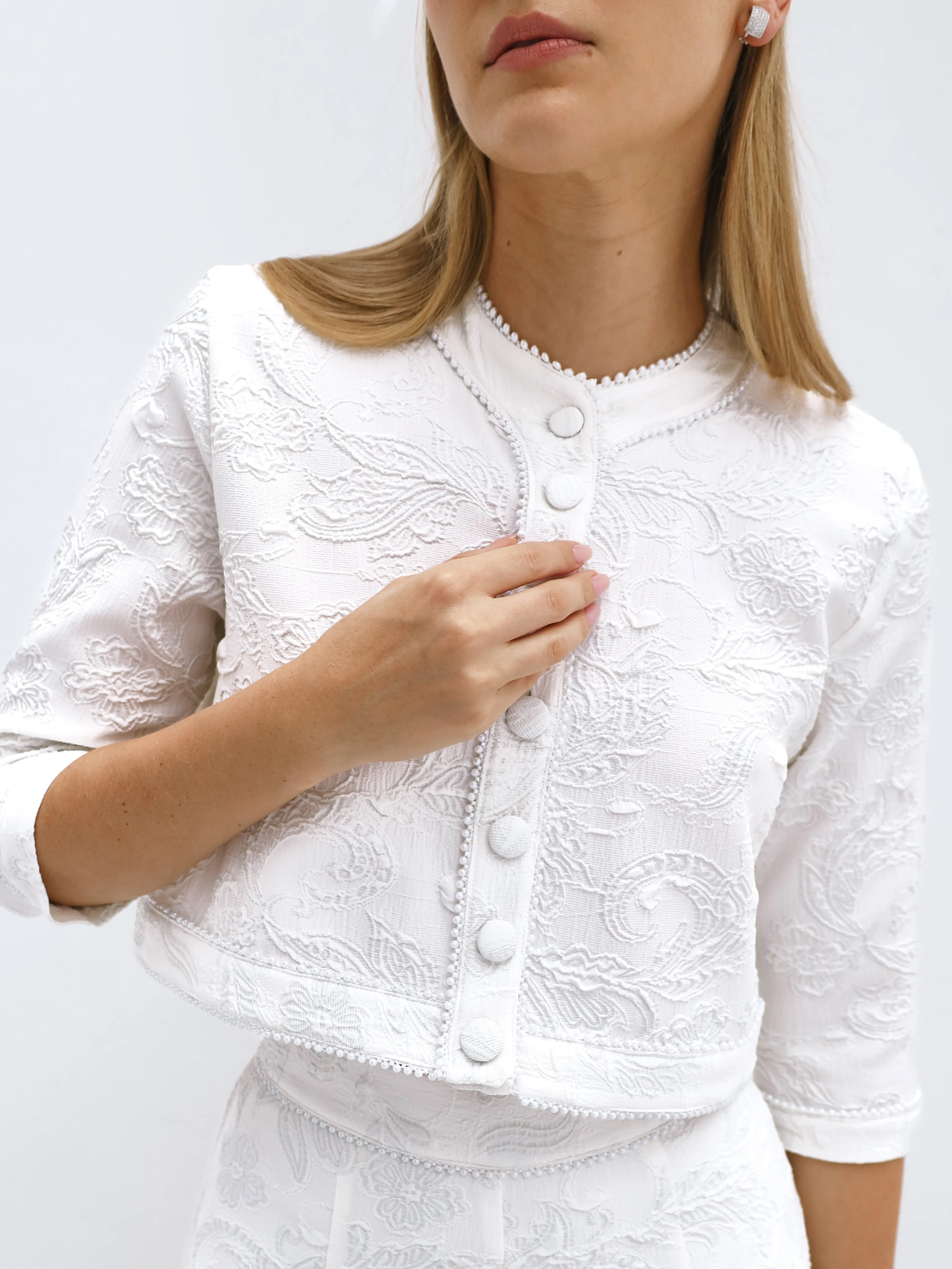 Odea Jacquard Cardigan With Pearl Trim | White Ice