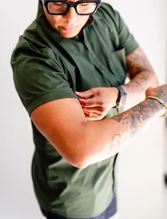 Olive Short Sleeve Button-Up with Ribbed Cuff