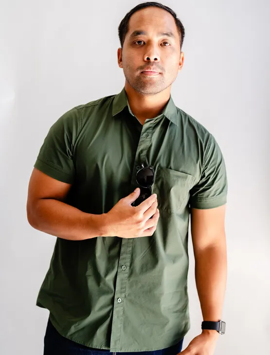 Olive Short Sleeve Button-Up with Ribbed Cuff