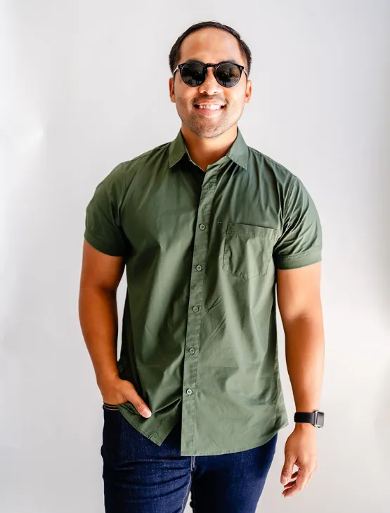 Olive Short Sleeve Button-Up with Ribbed Cuff