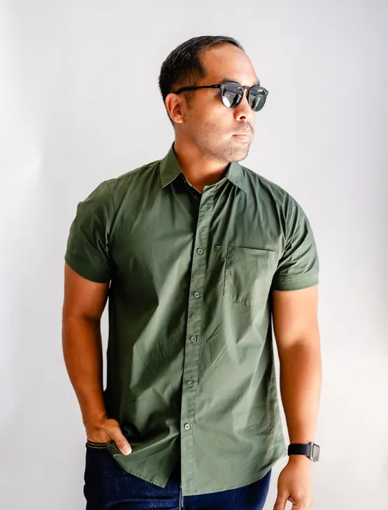 Olive Short Sleeve Button-Up with Ribbed Cuff