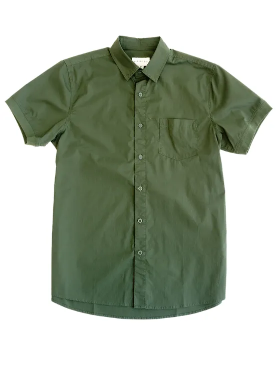 Olive Short Sleeve Button-Up with Ribbed Cuff