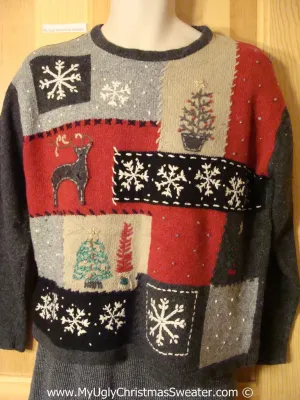 Patchwork Grid Style Tacky Cheesy Holiday Sweater with Reindeer Snowflakes and Trees (f1147)