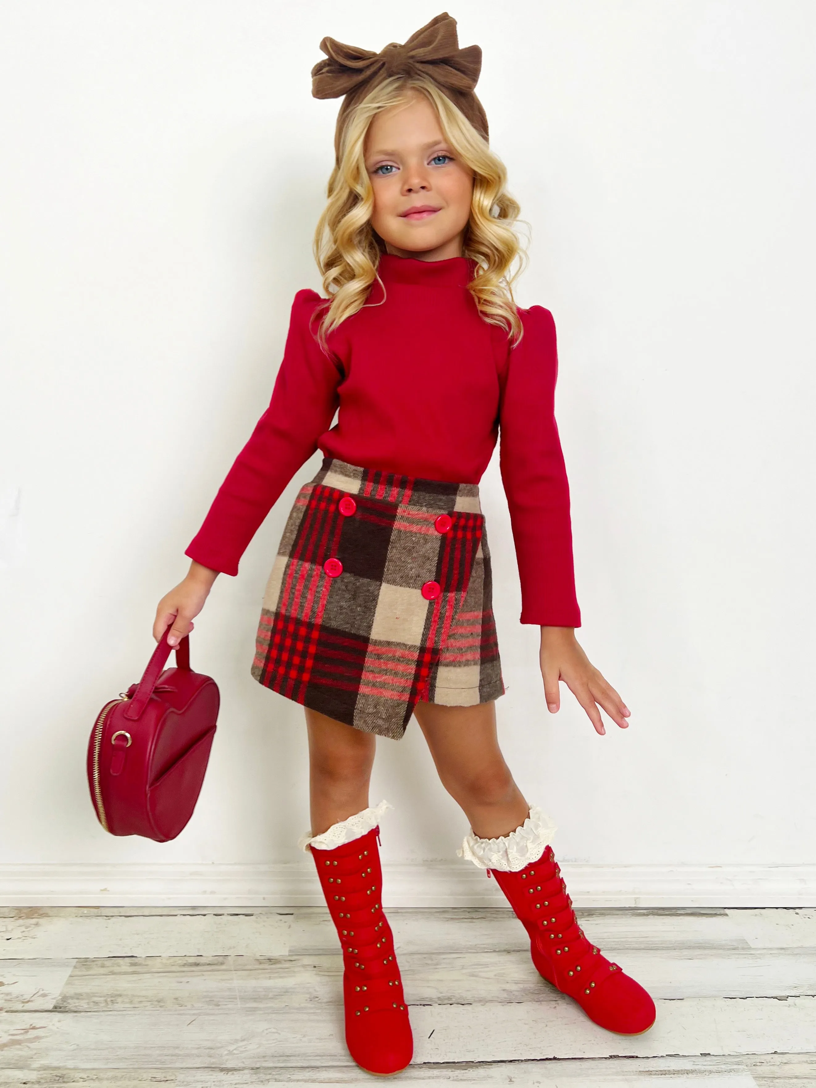 Picture Perfect Turtleneck Knit Sweater and Checkered Skort Set