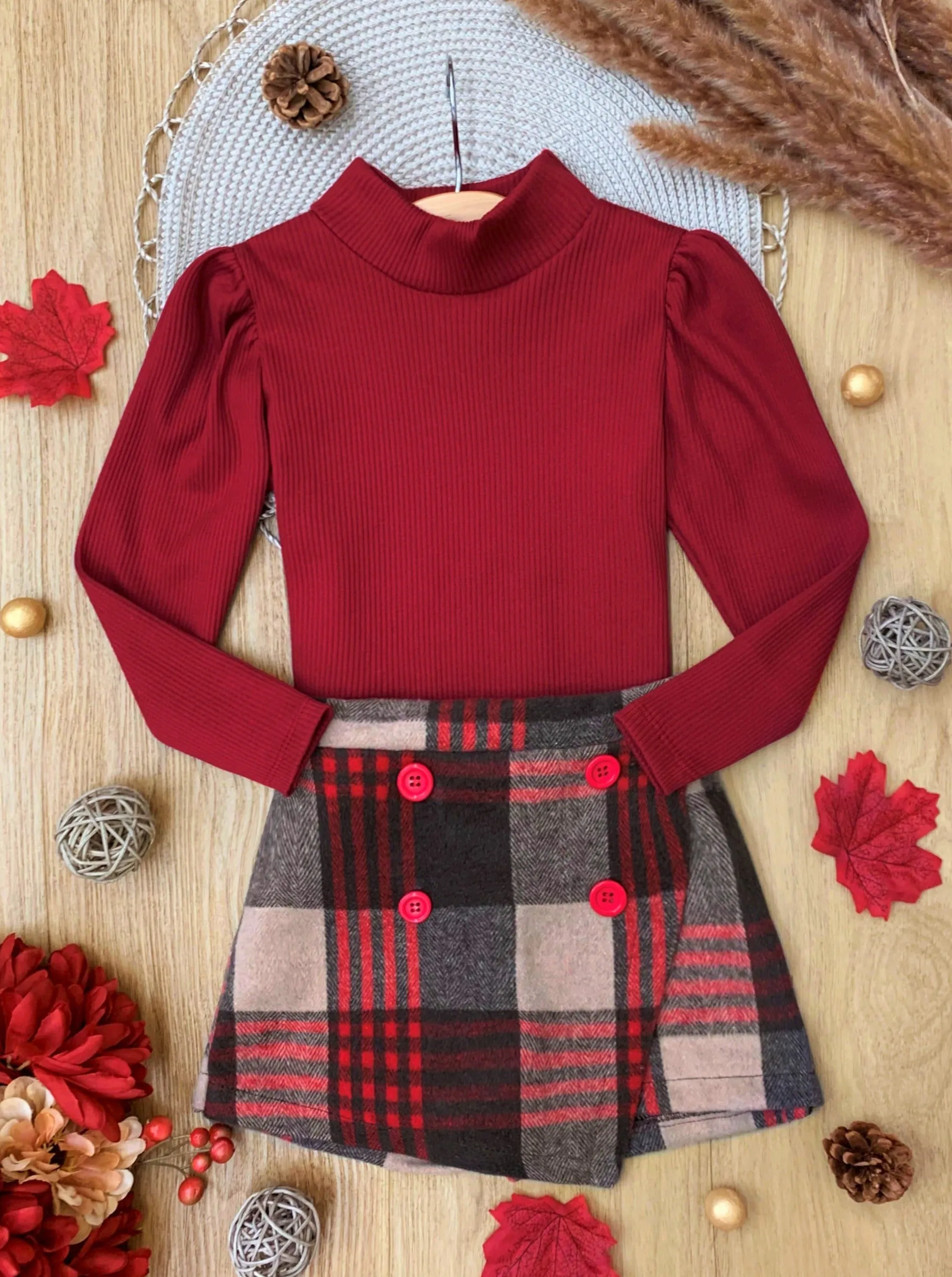 Picture Perfect Turtleneck Knit Sweater and Checkered Skort Set