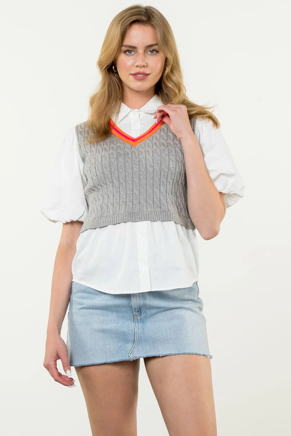 Poplin Sleeve Knit Top