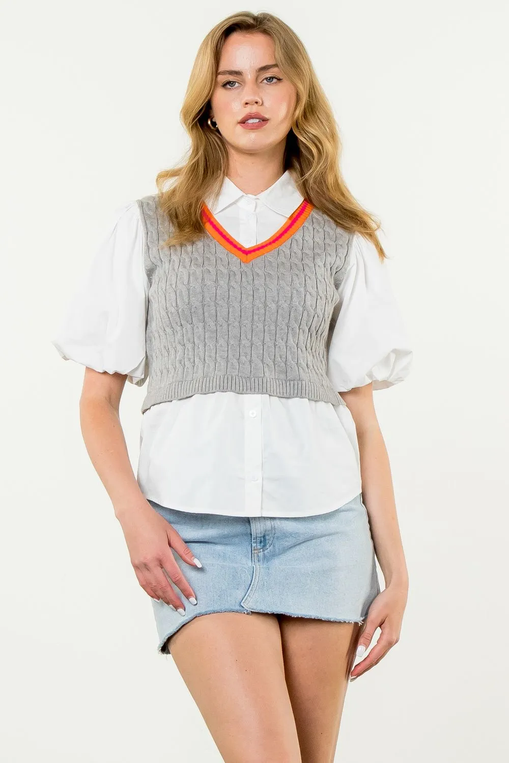 Poplin Sleeve Knit Top