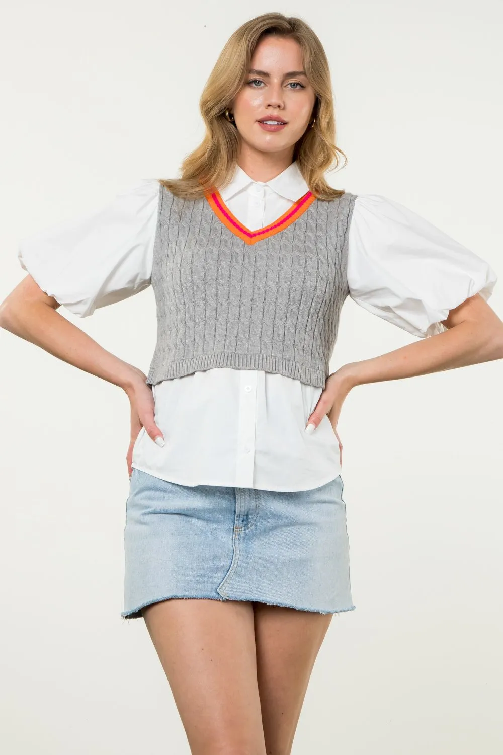 Poplin Sleeve Knit Top