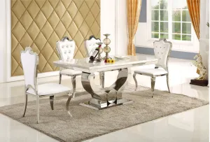 "Modern Minimalist Stainless Steel Dining Room Set with Marble Dining Table and 4 Chairs - Elegant Home Furniture for Dining Area"