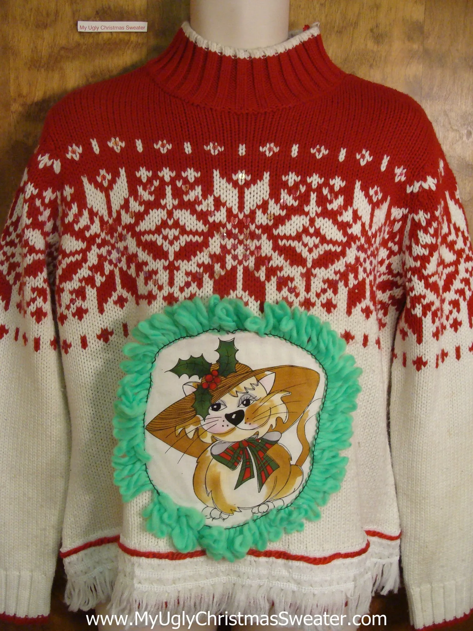 Red and White Nordic Cat Nordic Christmas Sweater