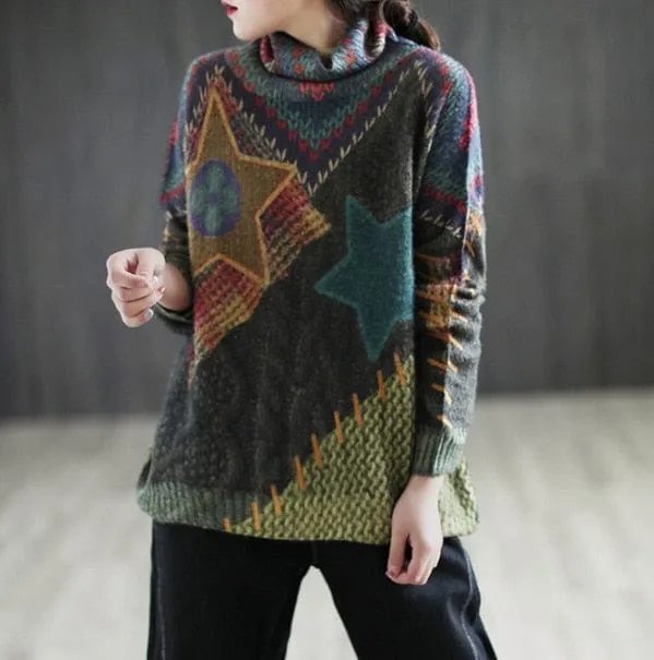 Retro Print Loose Turtleneck Sweater