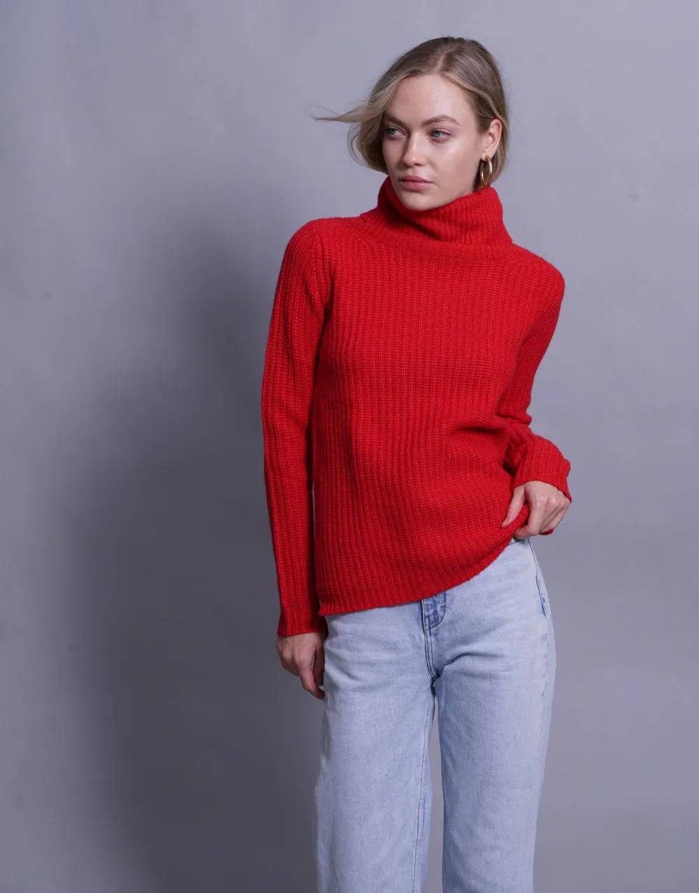 Rib Knit Turtleneck Sweater in Fire