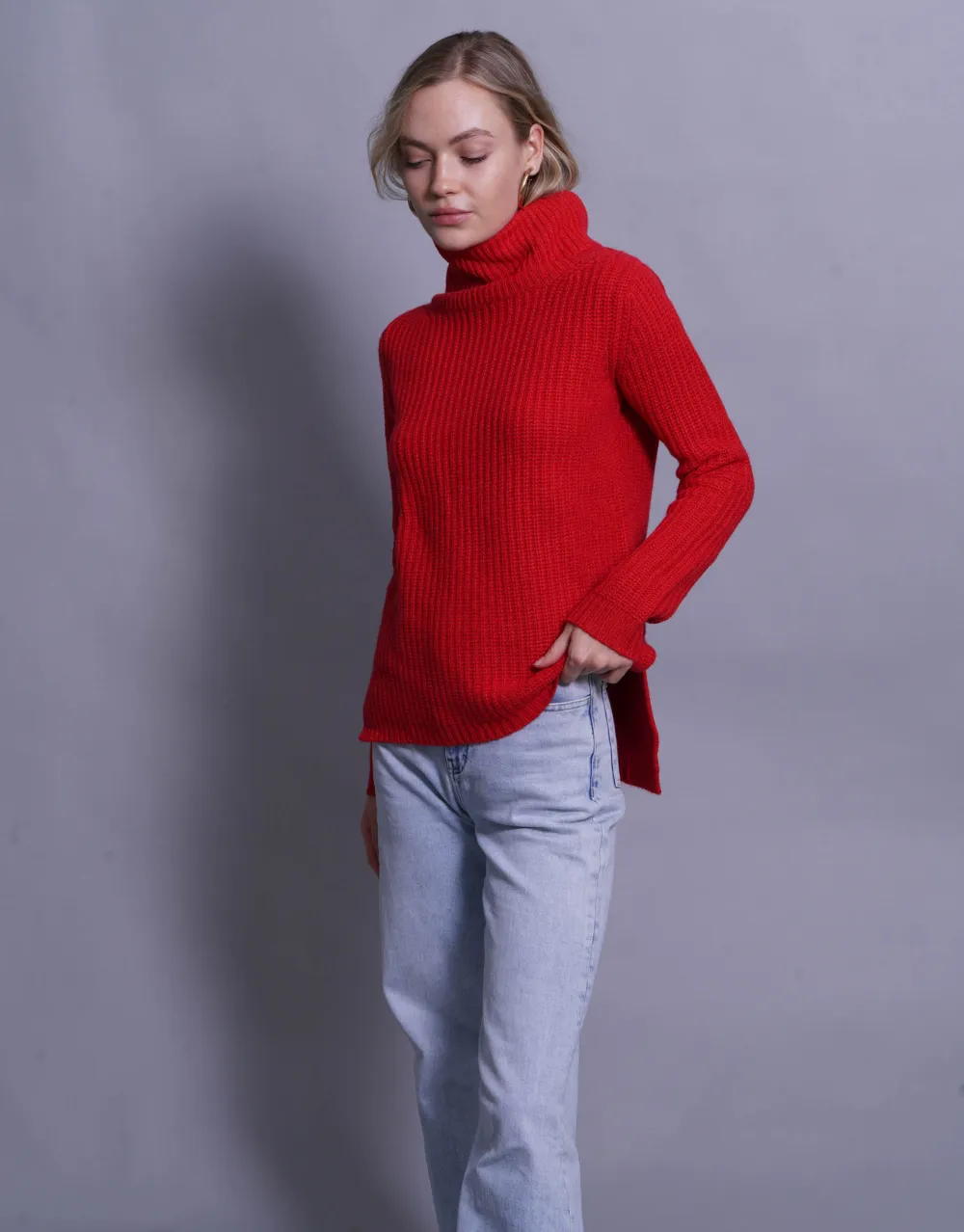 Rib Knit Turtleneck Sweater in Fire